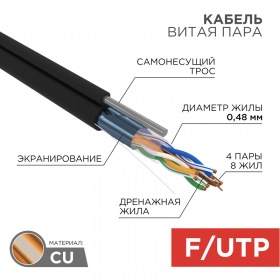 PROCONNECT Кабель FTP 4PR 24AWG, CAT5e, наружный (OUTDOOR) + ТРОС*1 (бухта 305 м) PROconnect