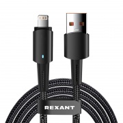Кабель USB-A – Lightning, 2,4А, 1м, в черной нейлоновой оплетке, со световой индикацией REXANT | Фото 1