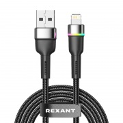 Кабель USB-A – Lightning, 2,4А, 1м, в черной нейлоновой оплетке, с LED-подсветкой REXANT | Фото 1