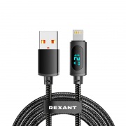 Кабель USB-A – Lightning, 2,4А, 1м, в черной нейлоновой оплетке, c LED-дисплеем REXANT | Фото 1