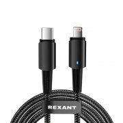 Кабель Type-C – Lightning, 3А, 1м, в черной нейлоновой оплетке, со световой индикацией REXANT | Фото 1