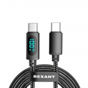 Кабель Type-C – Type-С, 5A, 100Вт, 1м, в черной нейлоновой оплетке, с LED дисплеем REXANT | Фото 1