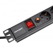 Блок распределения питания PDU горизонтальный 1U 6 розеток СЕЕ 7/4 Schuko 16A фильтр выкл алюм корп шнур 2м вилка СЕЕ 7/7 Schuko черный REXANT | Фото 2