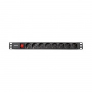 Блок распределения питания PDU горизонтальный 1U 8 розеток СЕЕ 7/4 Schuko 16A выкл алюм корп шнур 2м вилка СЕЕ 7/7 Schuko черный REXANT | Фото 1