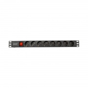 Блок распределения питания PDU горизонтальный 1U 8 розеток СЕЕ 7/4 Schuko 10A выкл алюм корп шнур 2м вилка C14 черный REXANT | Фото 1