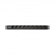 Блок распределения питания PDU горизонтальный 1U 9 розеток СЕЕ 7/4 Schuko 10A без выкл алюм корп шнур 2м вилка C14 черный REXANT | Фото 1