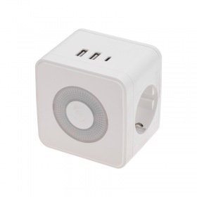 REXANT Двойник электрический Куб 16А с/з, 2 разъема USB-A 2,4А, 1 разъем USB-C 3А, с ночной подсветкой, белый REXANT