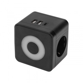 REXANT Двойник электрический Куб 16А с/з, 2 разъема USB-A 2,4А, 1 разъем USB-C 3А, с ночной подсветкой, черный REXANT