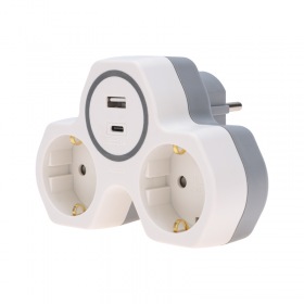 REXANT Двойник электрический (разветвитель) 16А с/з, разъемы USB-A и USB-C с защитными шторками, белый REXANT