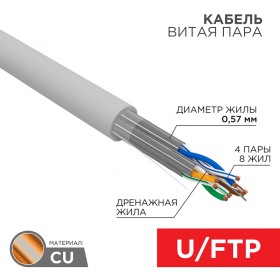REXANT Кабель витая пара U/FTP, CAT 6A, LSZH нг(А)-HF, 4PR, 23AWG, внутренний, однопроволочный, серый, 305м REXANT ПРОЕКТ