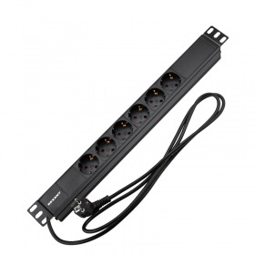 REXANT Блок распределения питания PDU горизонтальный 1U 6 розеток СЕЕ 7/4 Schuko 16A без выкл алюм корп шнур 2м вилка СЕЕ 7/7 Schuko черный REXANT