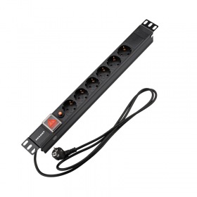 REXANT Блок распределения питания PDU горизонтальный 1U 6 розеток СЕЕ 7/4 Schuko 16A фильтр выкл алюм корп шнур 2м вилка СЕЕ 7/7 Schuko черный REXANT