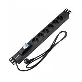 REXANT Блок распределения питания PDU горизонтальный 1U 6 розеток СЕЕ 7/4 Schuko 16A автомат защиты алюм корп шнур 2м вилка СЕЕ 7/7 Schuko черный REXANT