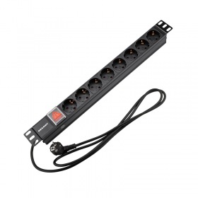 REXANT Блок распределения питания PDU горизонтальный 1U 8 розеток СЕЕ 7/4 Schuko 16A выкл алюм корп шнур 2м вилка СЕЕ 7/7 Schuko черный REXANT