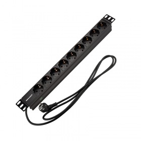 REXANT Блок распределения питания PDU горизонтальный 1U 9 розеток СЕЕ 7/4 Schuko 16A без выкл алюм корп шнур 2м вилка СЕЕ 7/7 Schuko черный REXANT