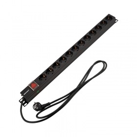 REXANT Блок распределения питания PDU вертикальный 12 розеток СЕЕ 7/4 Schuko 16A выкл алюм корп шнур 2м вилка СЕЕ 7/7 Schuko черный REXANT