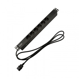 REXANT Блок распределения питания PDU горизонтальный 1U 6 розеток СЕЕ 7/4 Schuko 10A без выкл алюм корп шнур 2м вилка C14 черный REXANT