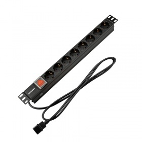 REXANT Блок распределения питания PDU горизонтальный 1U 8 розеток СЕЕ 7/4 Schuko 10A выкл алюм корп шнур 2м вилка C14 черный REXANT