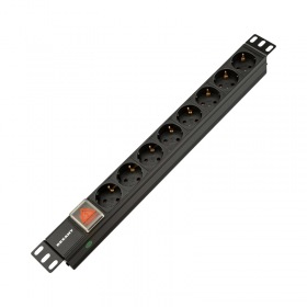 REXANT Блок распределения питания PDU горизонтальный 1U 8 розеток СЕЕ 7/4 Schuko 10A выкл алюм корп гнездо C14 черный REXANT