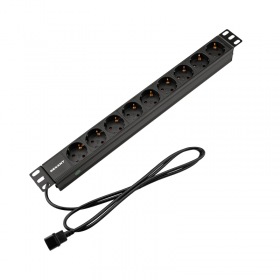 REXANT Блок распределения питания PDU горизонтальный 1U 9 розеток СЕЕ 7/4 Schuko 10A без выкл алюм корп шнур 2м вилка C14 черный REXANT
