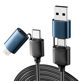 REXANT Кабель 4в1 USB-A, Type-C, Type-C, Lightning 65Вт, 1м, в черной нейлоновой оплетке REXANT